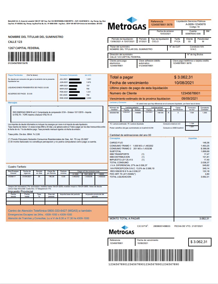 Argentina Metrogas easy to fill utility bill template in Word and PDF format